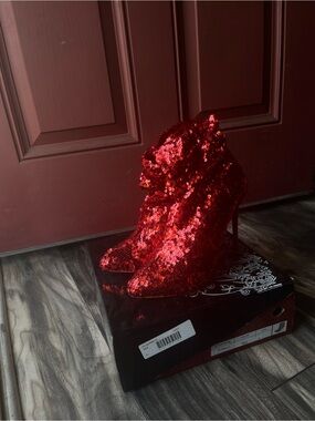 Red Sequin High-Heel Ankle Boots - Women